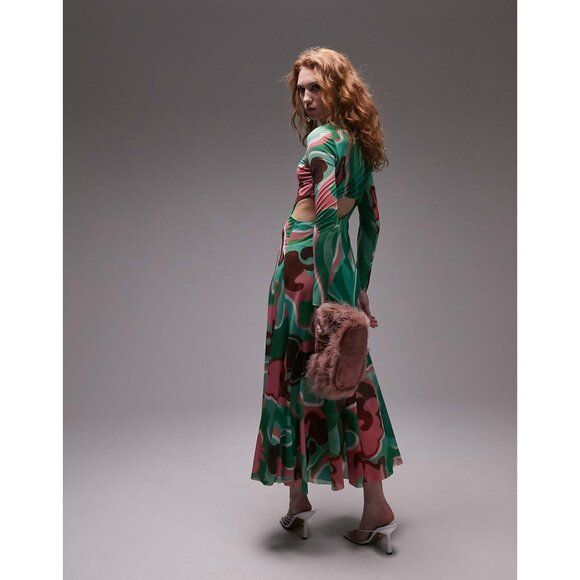 BNWT !! Topshop :: Swirl Cut Out Midi Dress Green Pink Size S/4-6 :: WICKED - Picture 3 of 14